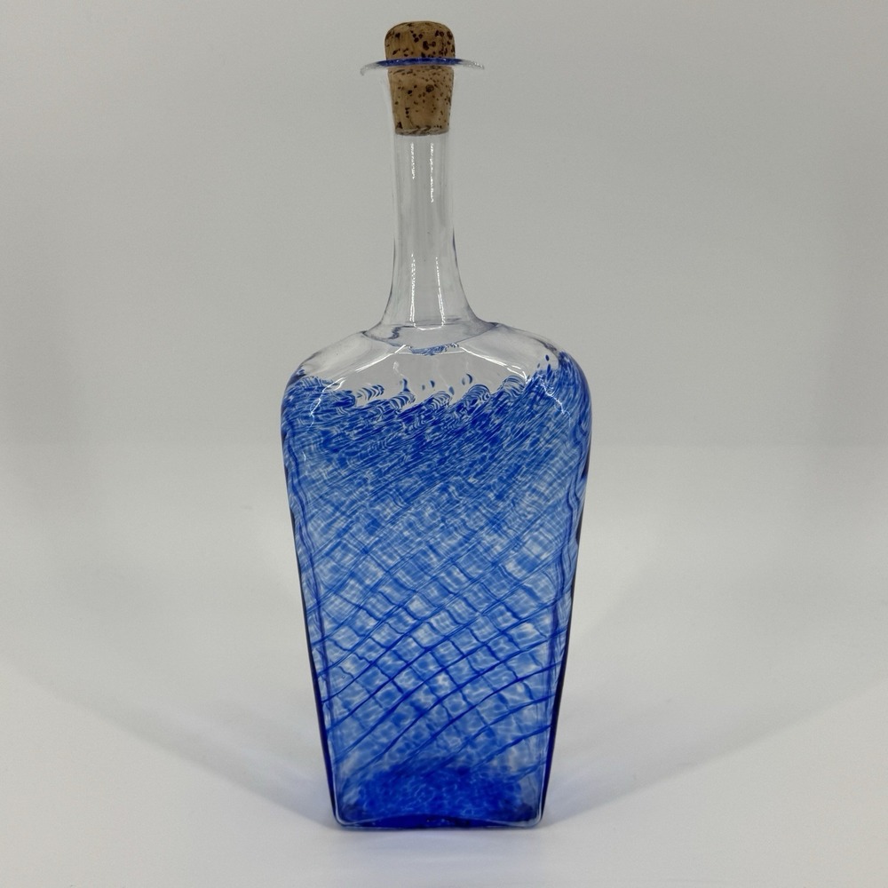 Hand Blown Cobalt Blue Art Glass Decanter Bottle Cork Stopper Swirl Lattice